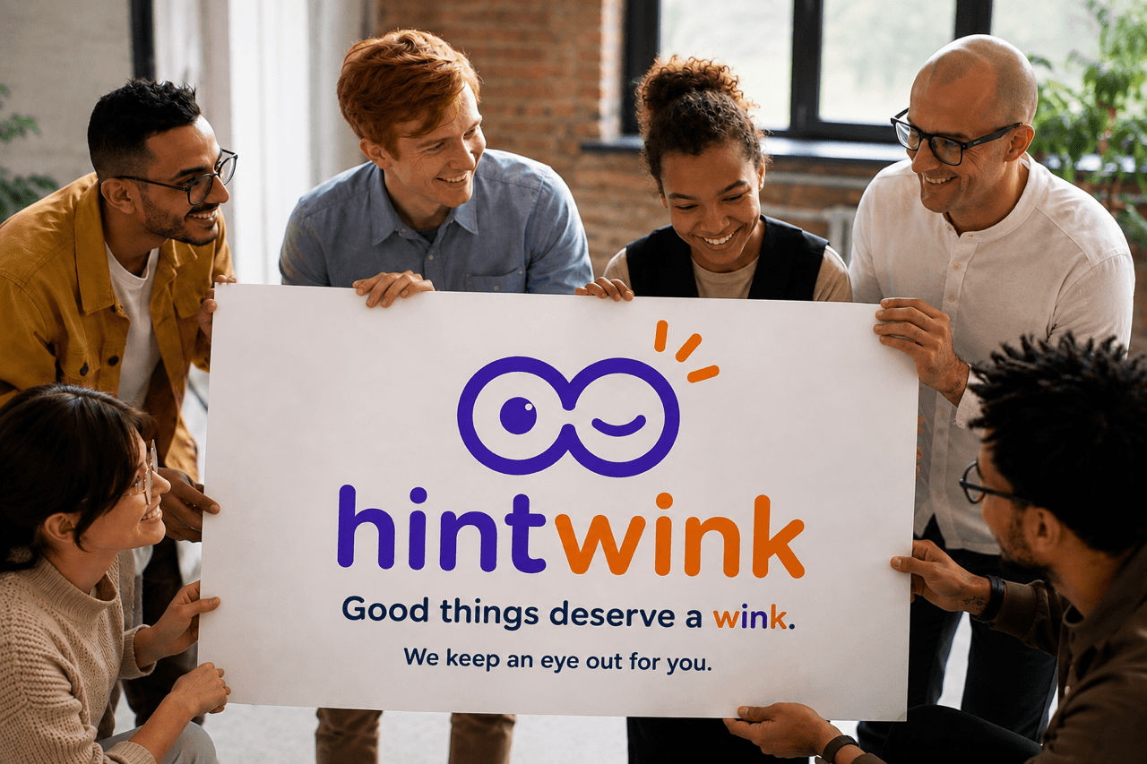 Das HintWink-Team mit dem Markenschild: Good things deserve a wink. We keep an eye out for you.